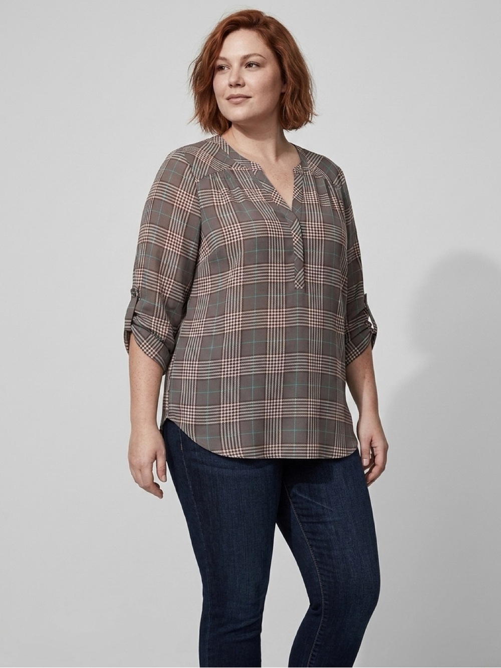 torrid Taupe Plaid V-Neck Blouse with Teal Stripes